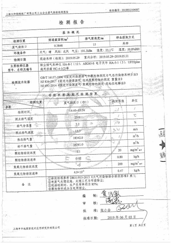 打磨焊接車間煙氣凈化設備工程檢測結果